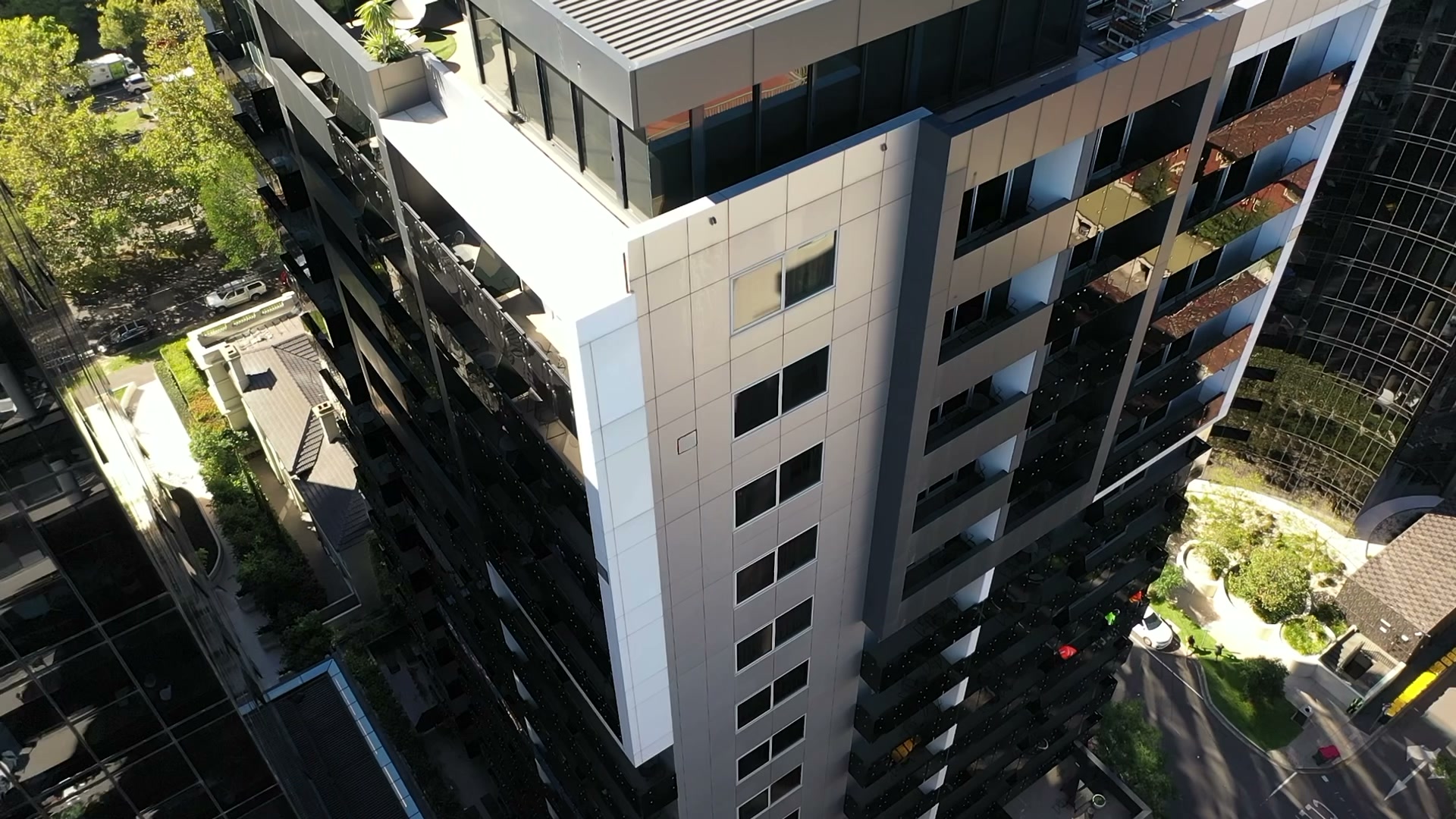 Close three-quarter view of a finished, compliant tower façade